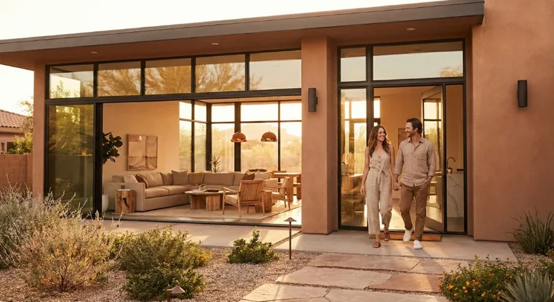 Couple walking into a modern home